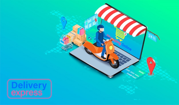 Vector delivery express by scooter on computer laptop. online food order and package in e-commerce by app. isometric flat design.