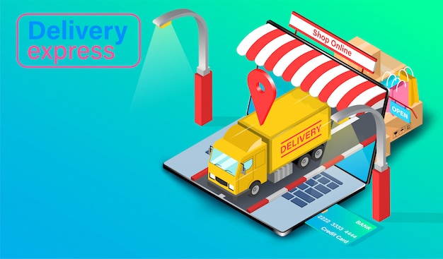 Delivery express by truck on computer laptop with GPS. Online food order and package in E-commerce by website. isometric flat design.  