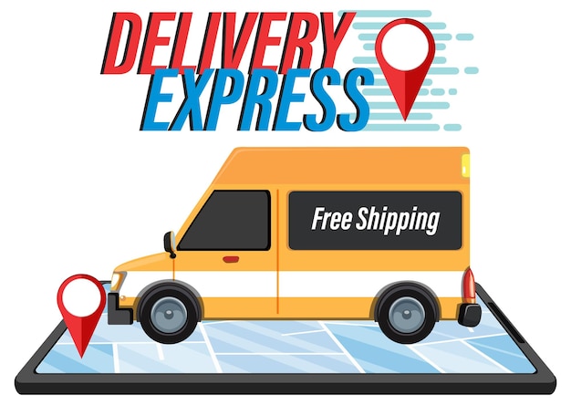 Delivery express logotype with panel van on smartphone