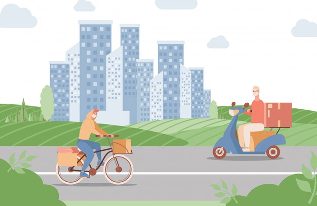 Servizio espresso di consegna nell'illustrazione piana della città. uomini che vanno in bicicletta e in scooter e consegnano cibo o merci.