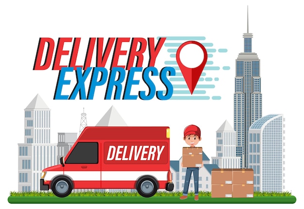 Delivery express wordmark with courier delivering packages