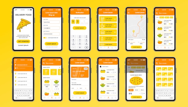 Kit design unico per consegna cibo per app. schermi di pizzeria online con menu cibo, ordine e pagamento. interfaccia utente del servizio di consegna espresso e catering, set di modelli ux. gui per un'applicazione mobile reattiva.