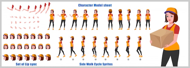 Delivery girl character model sheet with walk cycle animations and lip syncing