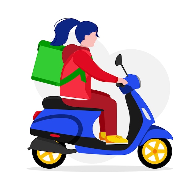 A delivery girl on a scooter with a backpack delivers food Online order home delivery service