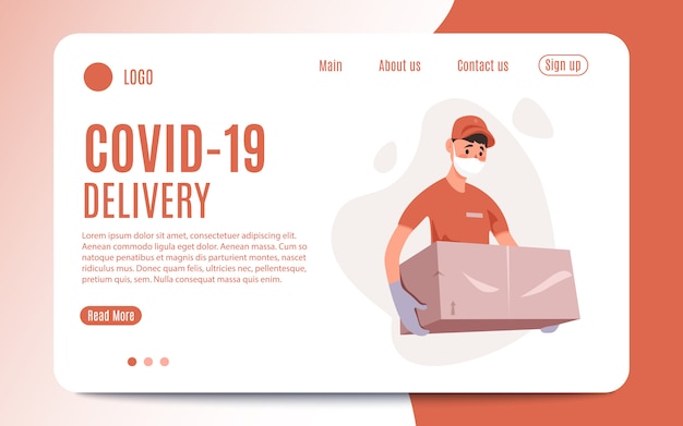 Delivery of goods during the prevention of coronavirus, covid-19. courier in a face mask with a box in his hands. portrait from the waist up.vector flat illustration