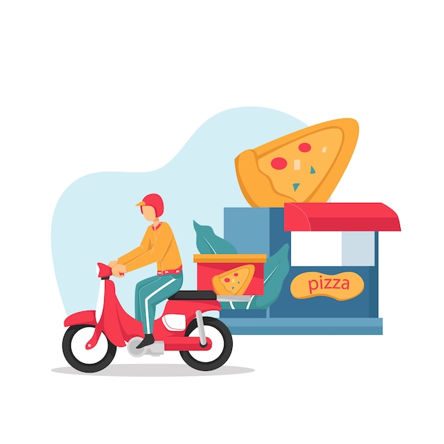 Vettore consegna, il ragazzo sul ciclomotore porta la pizza. personaggi. illustrazione design piatto.