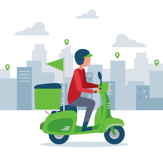 Vector delivery guy with motorcycle in the city