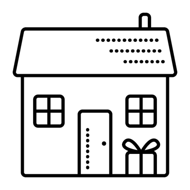 Delivery to home black line vector illustration pictogram of house and gift near the door