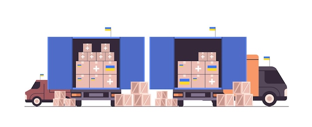 delivery of humanitarian aid in Ukraine by trucks save Ukraine from russia stop war medical supplies food clothing donation concept horizontal vector illustration