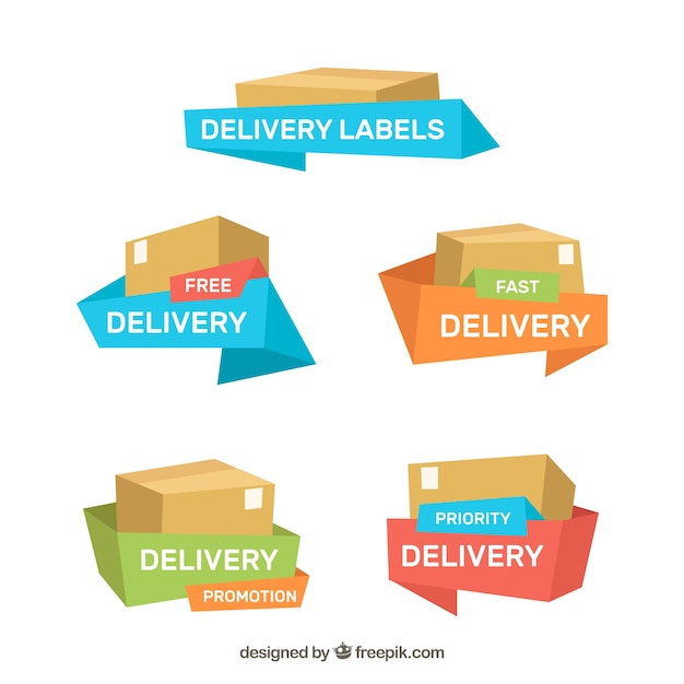 Delivery labels with boxes and ribbons