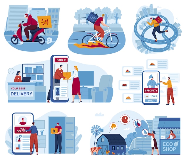 Logistica di consegna per set di illustrazione vettoriale di servizio di ristorazione online, cartone animato camion piatto bicicletta o scooter corriere scatola consegna carattere