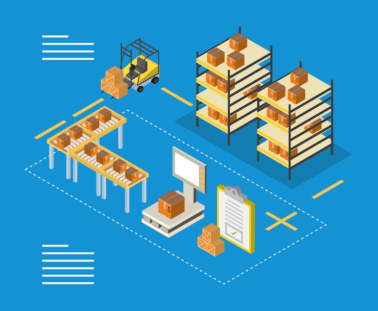 Vector delivery and logistics isometric boxes on furnitures forklift and scale design, transportation shipping and service theme 
