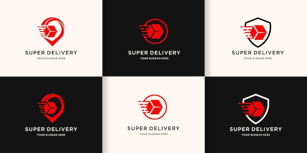 Delivery logo,box in pin, circle, and shield