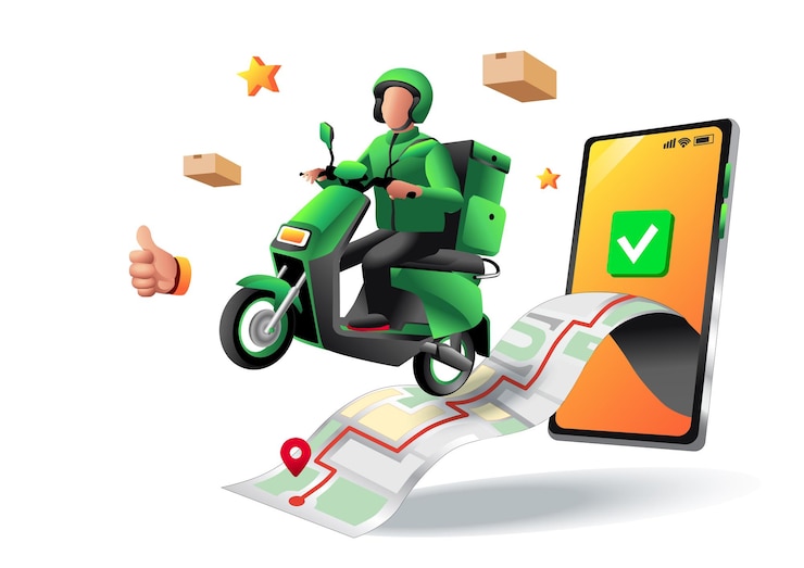Вектор доставщик выкатывает мотоцикл из смартфона