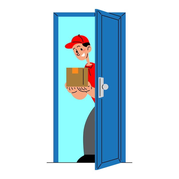 Delivery man arrived with the package at the door flat vector illustration