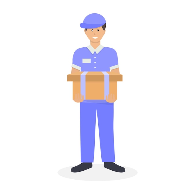 Delivery man in a blue uniform with a box in his hands Courier delivering