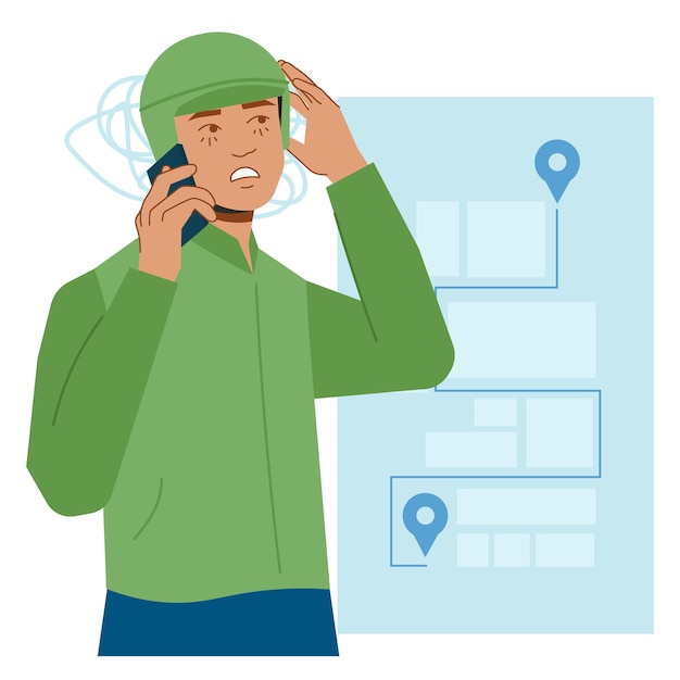 delivery man confused at map in flat illustration