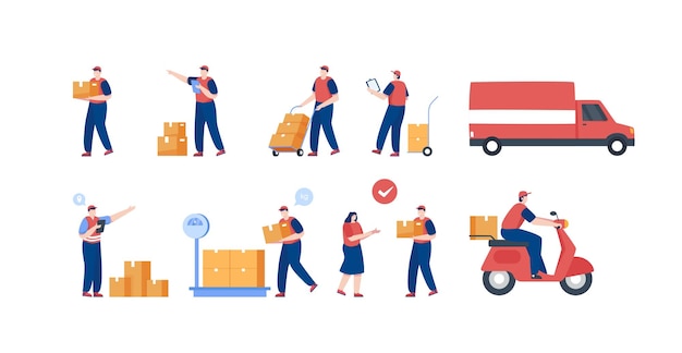 delivery man courier services courier group set illustration