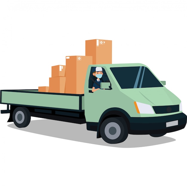 A delivery man delivering package with pickup truck illustration