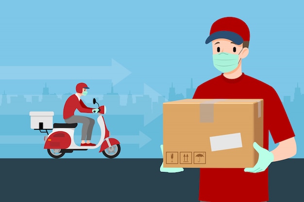 a delivery man delivering a parcel to customer by motorbike.