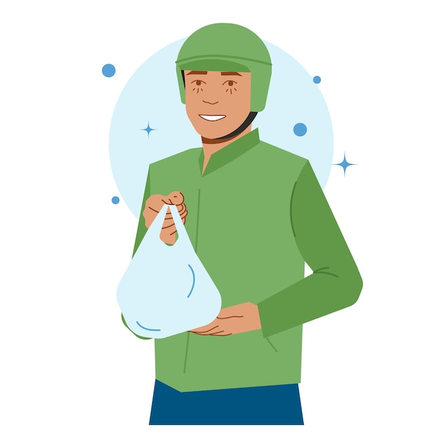 delivery man delivers food plastic bag in flat illustration