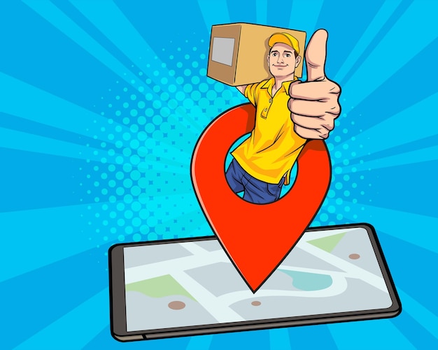 Delivery man employee with navigation thump up out from smartphone in retro pop art comic style