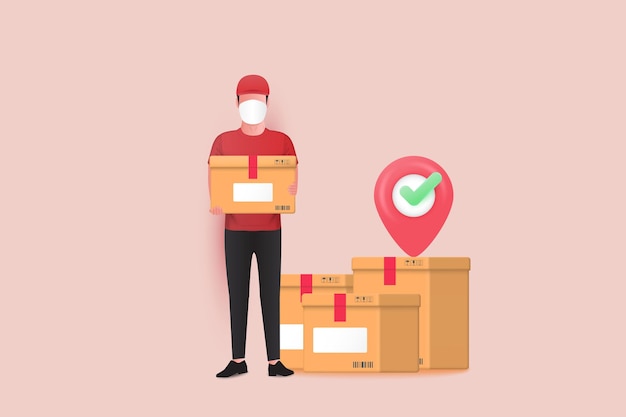 Delivery man in a face mask holding a parcel box and parcel box stack on isolate background courier or delivery service 3d vector illustration