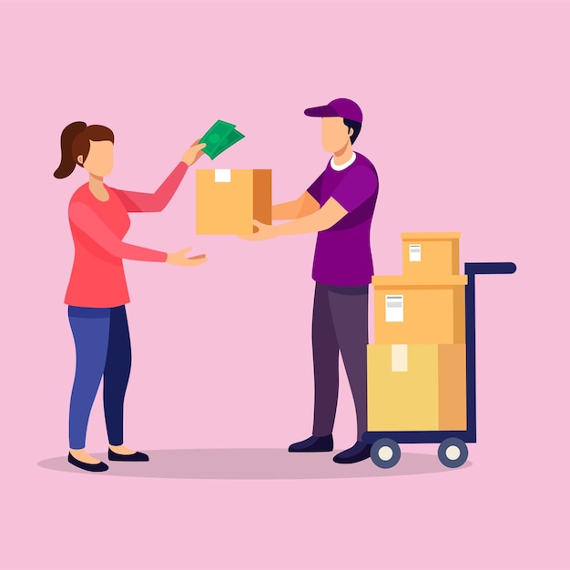 Vector delivery man gets money from woman for a package delivery service cash on delivery vector colorful illustration