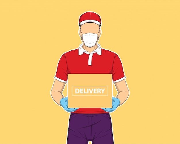 Vector delivery man holding box . online shopping and express delivery