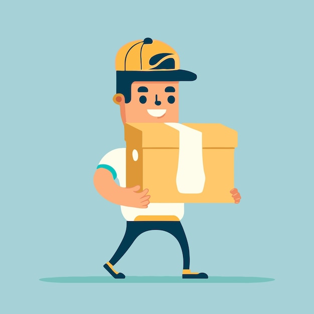 Delivery man holding box package wearing uniform and cap vector illustration