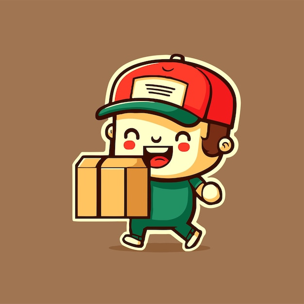 Delivery man holding box package wearing uniform and cap vector illustration
