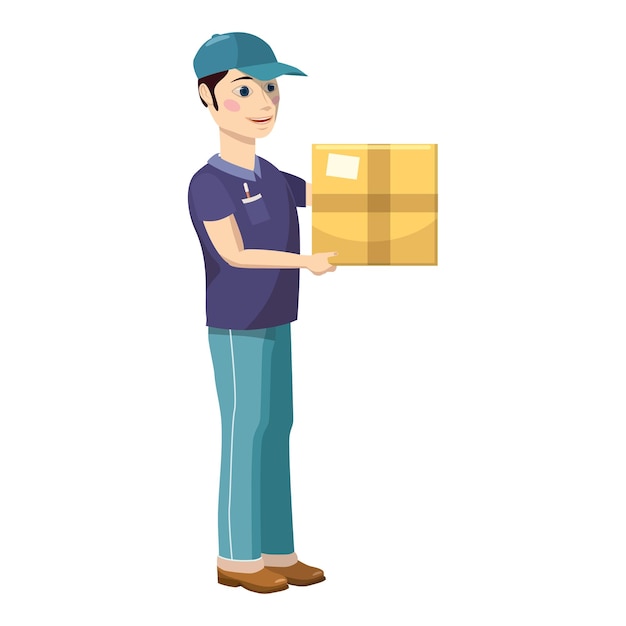 Delivery man holding and carrying a cardbox icon in cartoon style on a white background