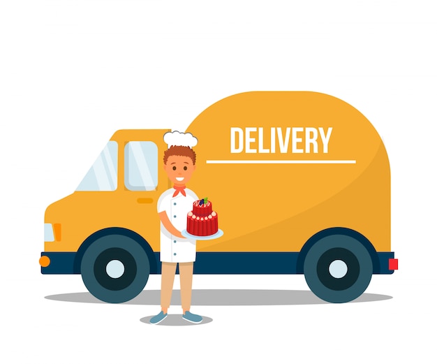 Delivery man holding fruit sweet cake near truck.