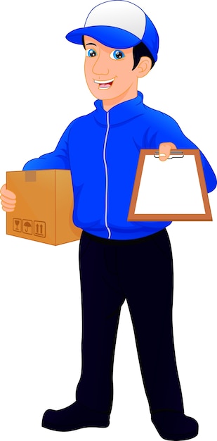 Vector delivery man holding package and clipboard