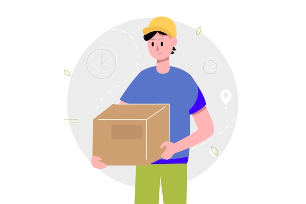 Delivery man holding a parcels box Fast delivery service concept Vector illustration