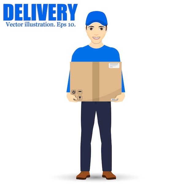 Delivery man isolated on background vector illustration smiling courier delivering packages