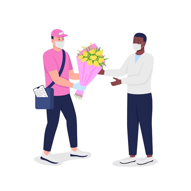 Vector delivery man in mask and gloves with customer flat detailed characters. safe pandemic flower shipping isolated cartoon