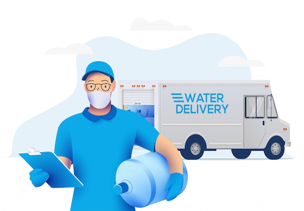 Vector delivery man in medical protective mask holding a big bottle with clean water and delivery truck on background.