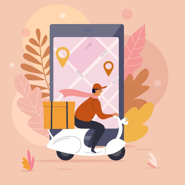 Delivery man, order food online concept illustration, flat vector design