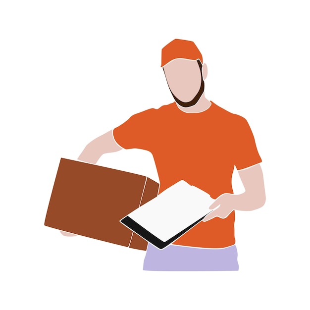 Vector delivery man portrait wearing red uniform bearded man a courier in a cap holding a delivery box