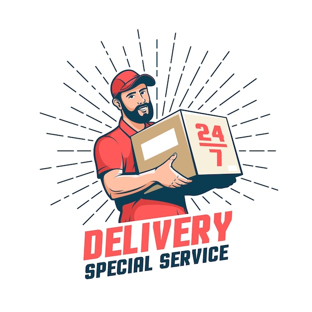 Delivery man retro logo Bearded courier with parcel