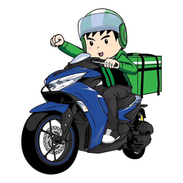 Delivery man ride motorcycle cartoon vector