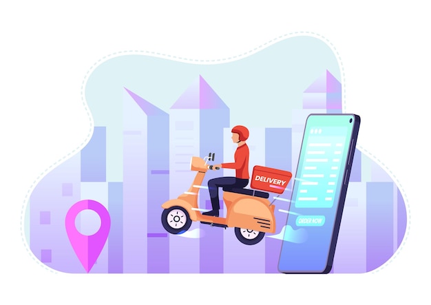 Vector delivery man ride motorcycle come out from the smartphone. food and goods delivery service concept.