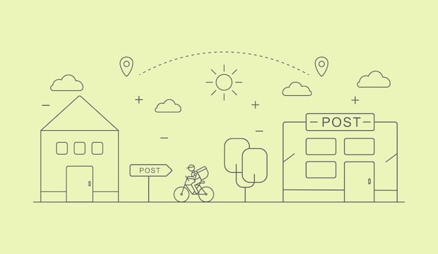 The delivery man rides a bicycle from the client to the post office building