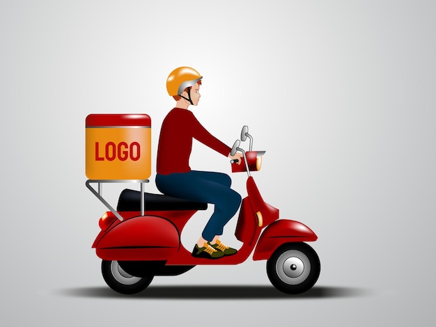 Delivery man riding a motorcycle with Logo Box