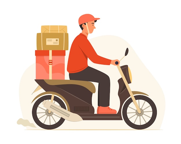 Delivery Man Riding Motorcycle with Parcel Boxes for Shipping Concept Illustration