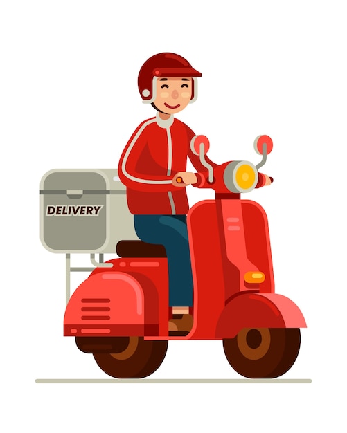 Vector delivery man riding red scooter motorcycle