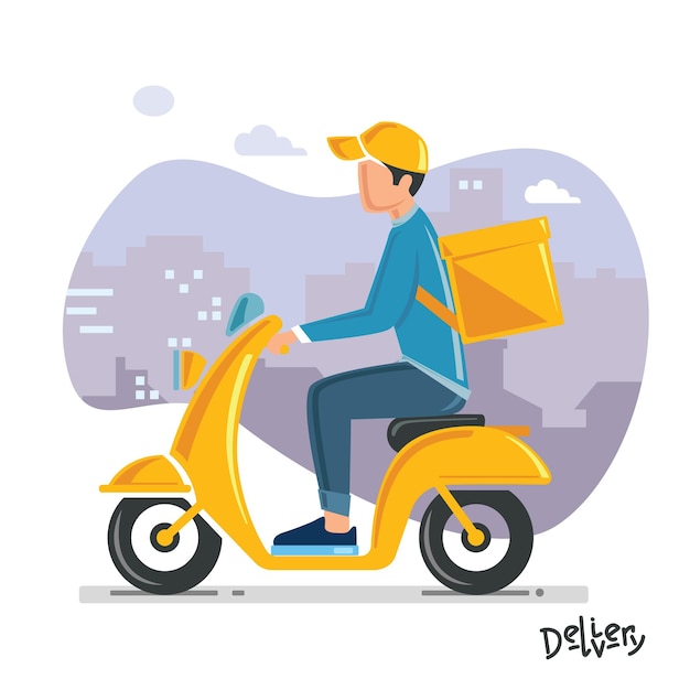 Delivery man riding a yellow scooter illustration.