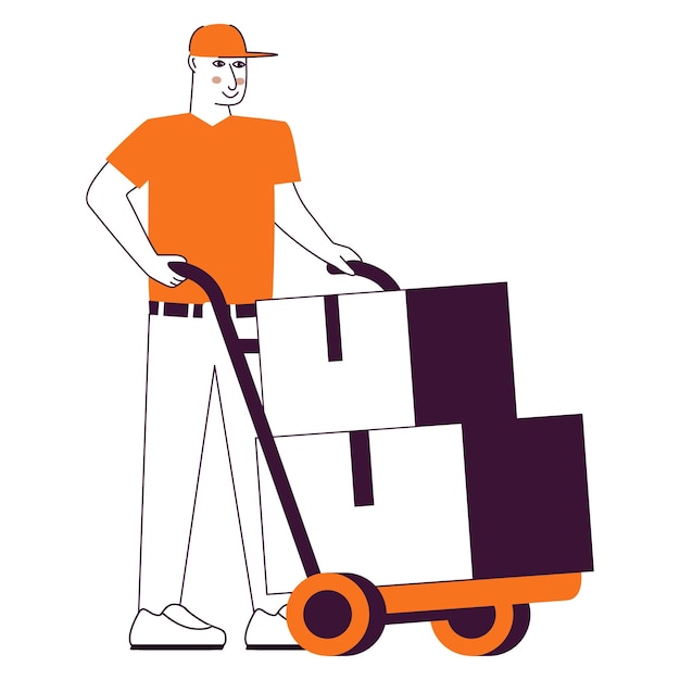 delivery man rolling cardboard box trolley pushcart courier parcel metallic hand truck