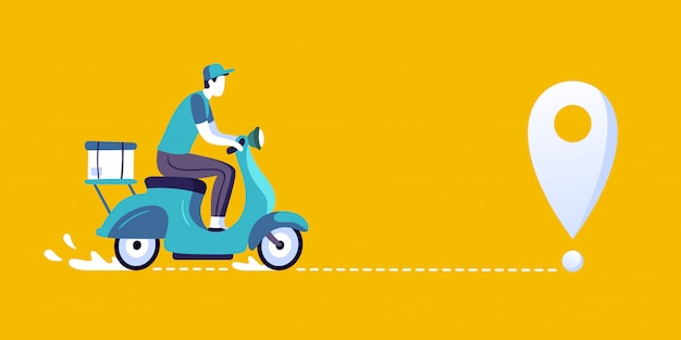 Delivery man on scooter. Food deliveries courier, delivering on city bike and delivery route  illustration